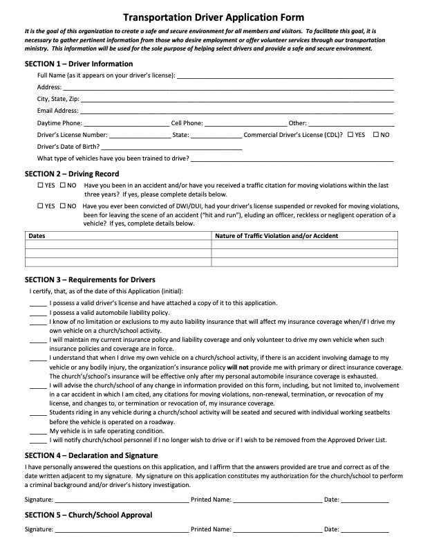 Transportation - Driver Application Form